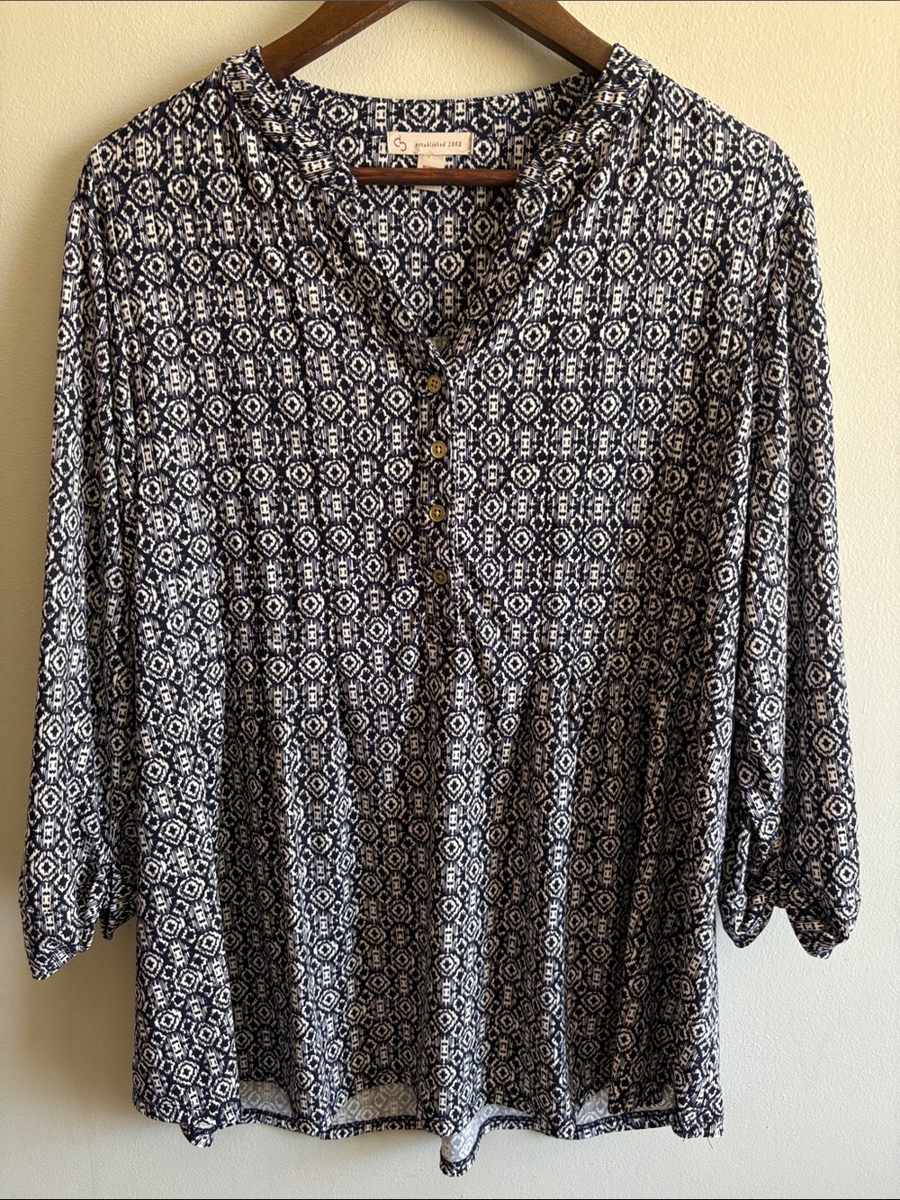 DressBarn 2X Navy White Geometric Print Peasant Blouse Tunic